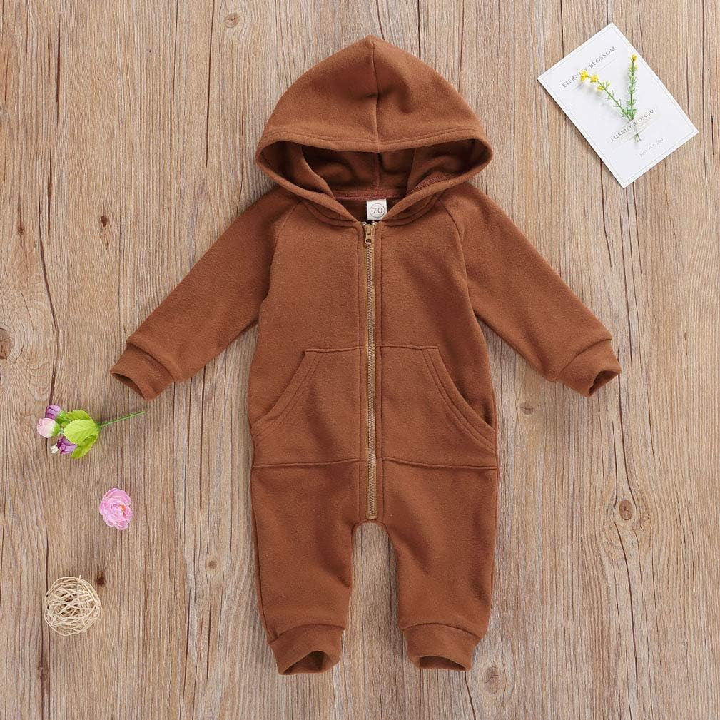Infant Baby Boys Girls Zipper Warm Hooded Romper Jumpsuit Solid Long Sleeve Bodysuit Outfit Fall Winter Clothes