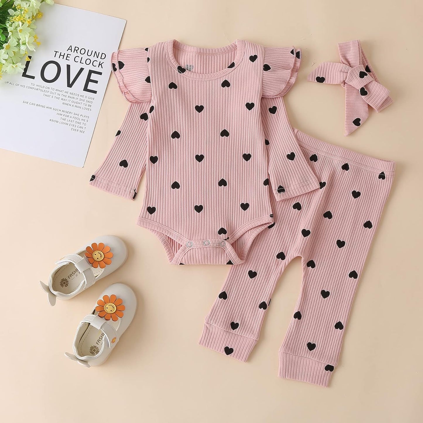 Fullfamous Baby Girl'S 3Pc Rib Frill Long Sleeve Romper and Pant Set