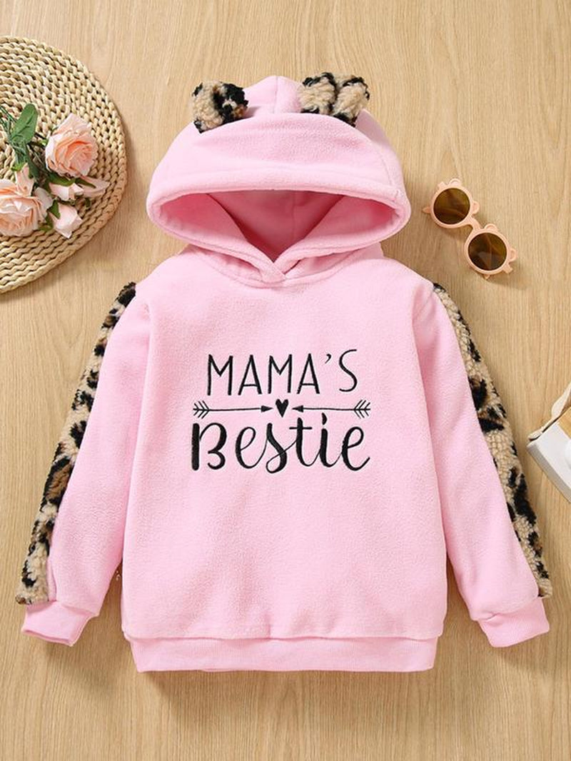 Toddler Girl'S Leopard Print Letter Embroidered Hoodie, Cute Ear Design Long Sleeve Hooded Pullover for Fall & Winter, Kids Clothes for Daily Wear
