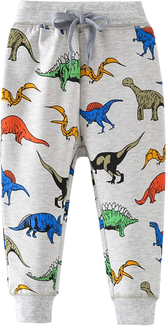 HUAER& Boys Cartoon Print Dinosaur Monkey Pattern Cotton Pants Drawstring Elastic Sweatpants