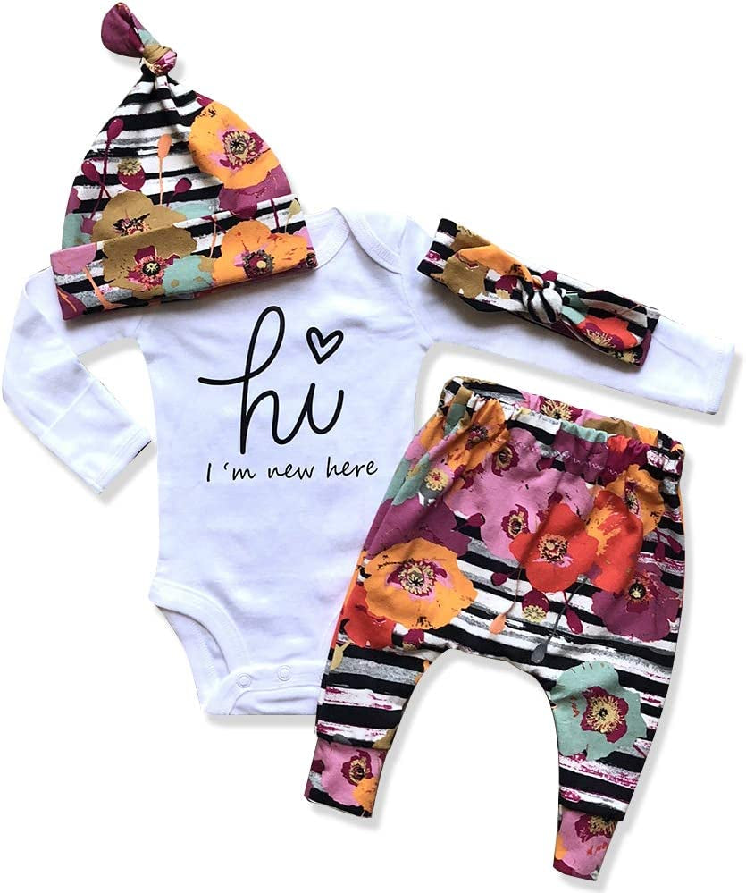 KANGKANG Newborn Baby Girl Clothes Hi I'M New Here Newborn Outfit Infant Romper Floral Pants Cute Baby Girl Outfits 4PC Set