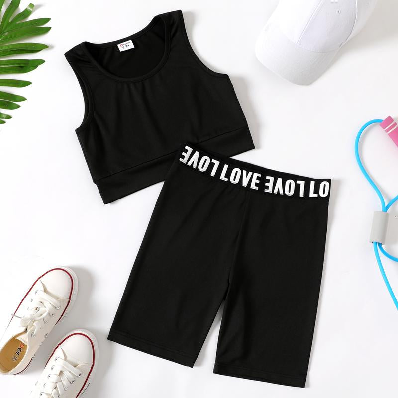 2Pcs Kid Girl Solid Color Tank Top and Letter Print Shorts Sporty Set 536265