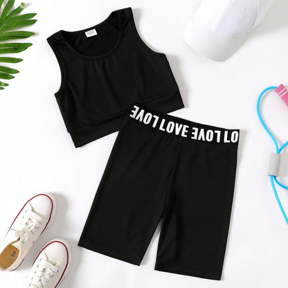2Pcs Kid Girl Solid Color Tank Top and Letter Print Shorts Sporty Set 536265