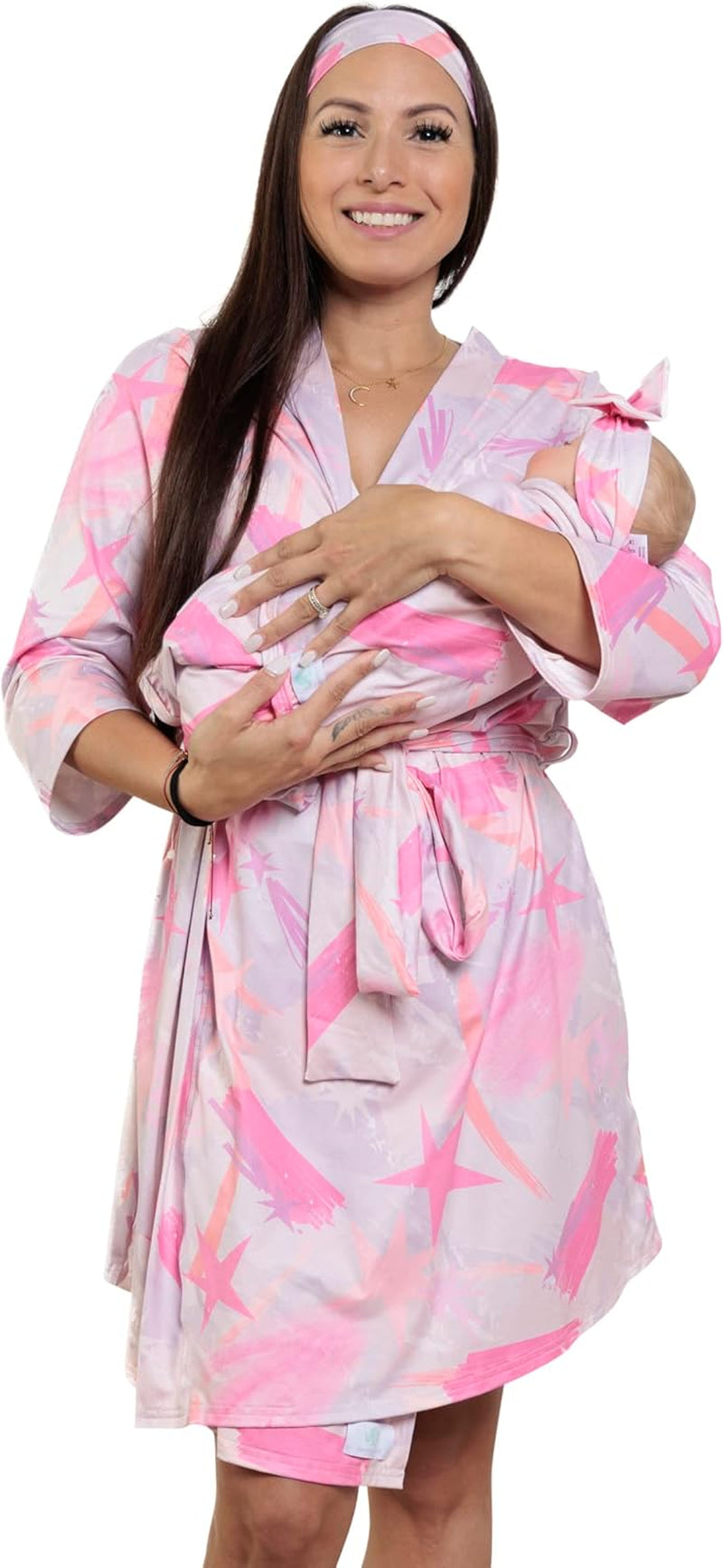 MOMMY O CLOCK Maternity Robe and Baby Swaddle Blanket, Milk Silk Matching Delivery Robe and Swaddling Wrap for Mom and Baby