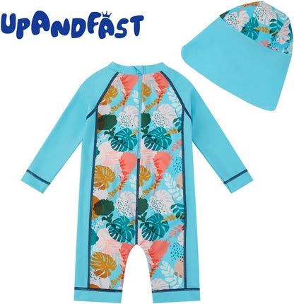 Upandfast Baby/Toddler Swimsuit Sunsuit UPF 50+ Infant One Piece Bathing Suit with Sun Hat