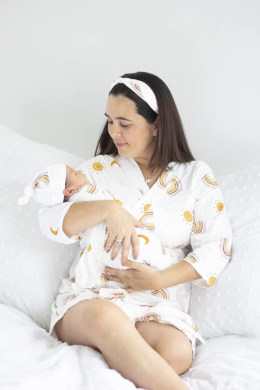 MOMMY O CLOCK Mommy Robe for Maternity and Baby Swaddle Blanket, Milk Silk Matching Delivery Robe and Swaddling Wrap for Mom and Baby (L/XL (12-24), Boho Rainbow)