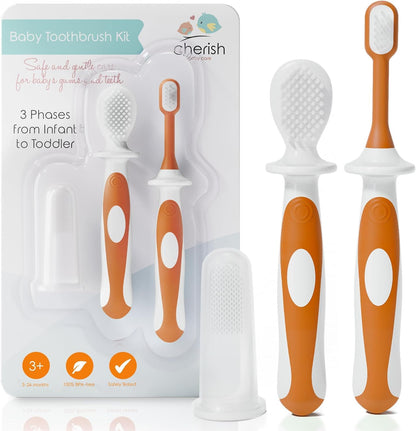 Cherish Baby Care Award-Winning Baby Toothbrush Set (3-24 Months) - 3-Pack Baby Finger Toothbrush, Training Toothbrush & Toddler Toothbrush - Bpa-Free Baby First Toothbrush Set (Purple)