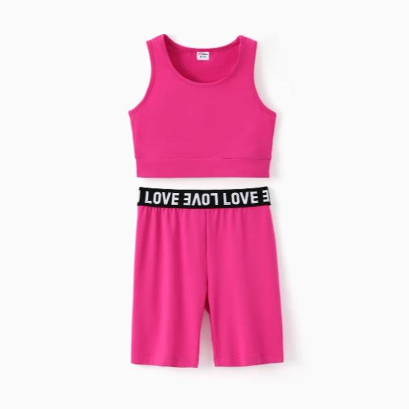 2Pcs Kid Girl Solid Color Tank Top and Letter Print Shorts Sporty Set 536265