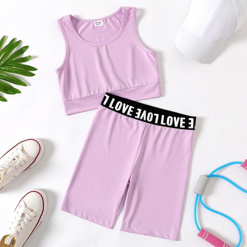 2Pcs Kid Girl Solid Color Tank Top and Letter Print Shorts Sporty Set 536265
