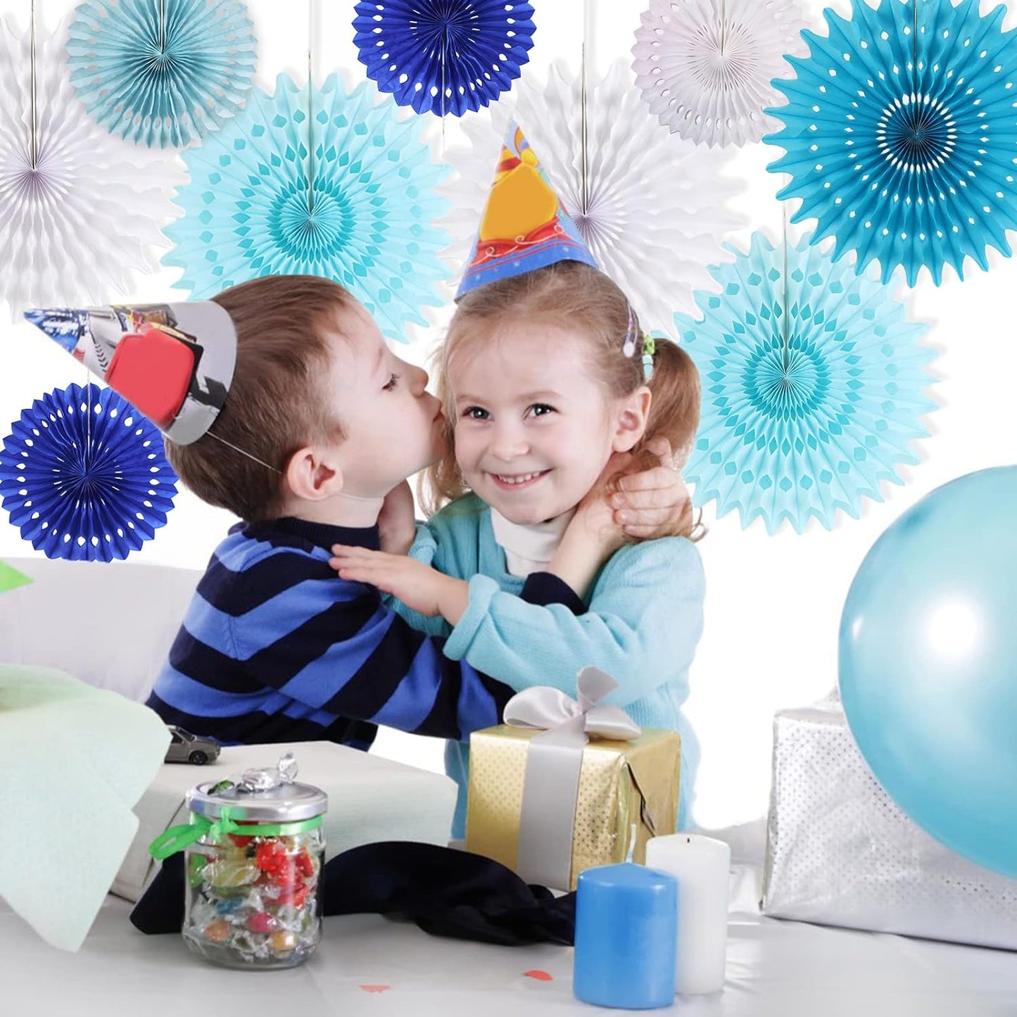 SUNBEAUTY Pack of 13 Blue White Hanging Honeycomb Paper Fans Party Decoration Kit for Baby Boy Shower 1St Birthday Navy Ocean Wedding under the Sea Theme Photo Booth Backdrops Paper Party Supplies