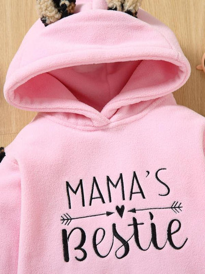 Toddler Girl'S Leopard Print Letter Embroidered Hoodie, Cute Ear Design Long Sleeve Hooded Pullover for Fall & Winter, Kids Clothes for Daily Wear