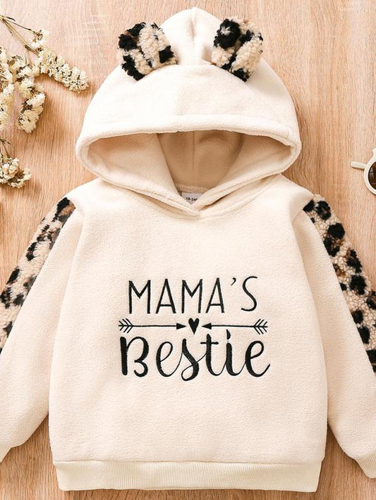 Toddler Girl'S Leopard Print Letter Embroidered Hoodie, Cute Ear Design Long Sleeve Hooded Pullover for Fall & Winter, Kids Clothes for Daily Wear