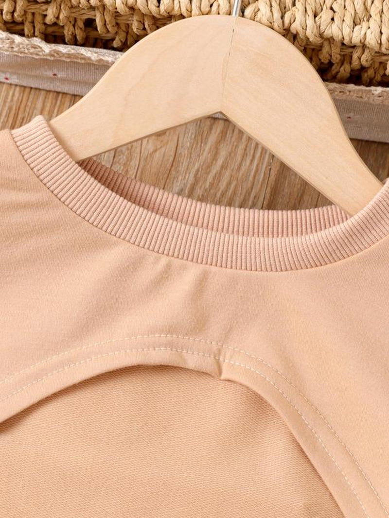 Girl'S Plain High Low Crop Sweatshirt & Cartoon Bear Print Cami Dress Set, Cute round Neck Long Sleeve Pullover & Dress, Kids Fall & Winter Clothes