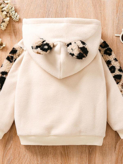 Toddler Girl'S Leopard Print Letter Embroidered Hoodie, Cute Ear Design Long Sleeve Hooded Pullover for Fall & Winter, Kids Clothes for Daily Wear