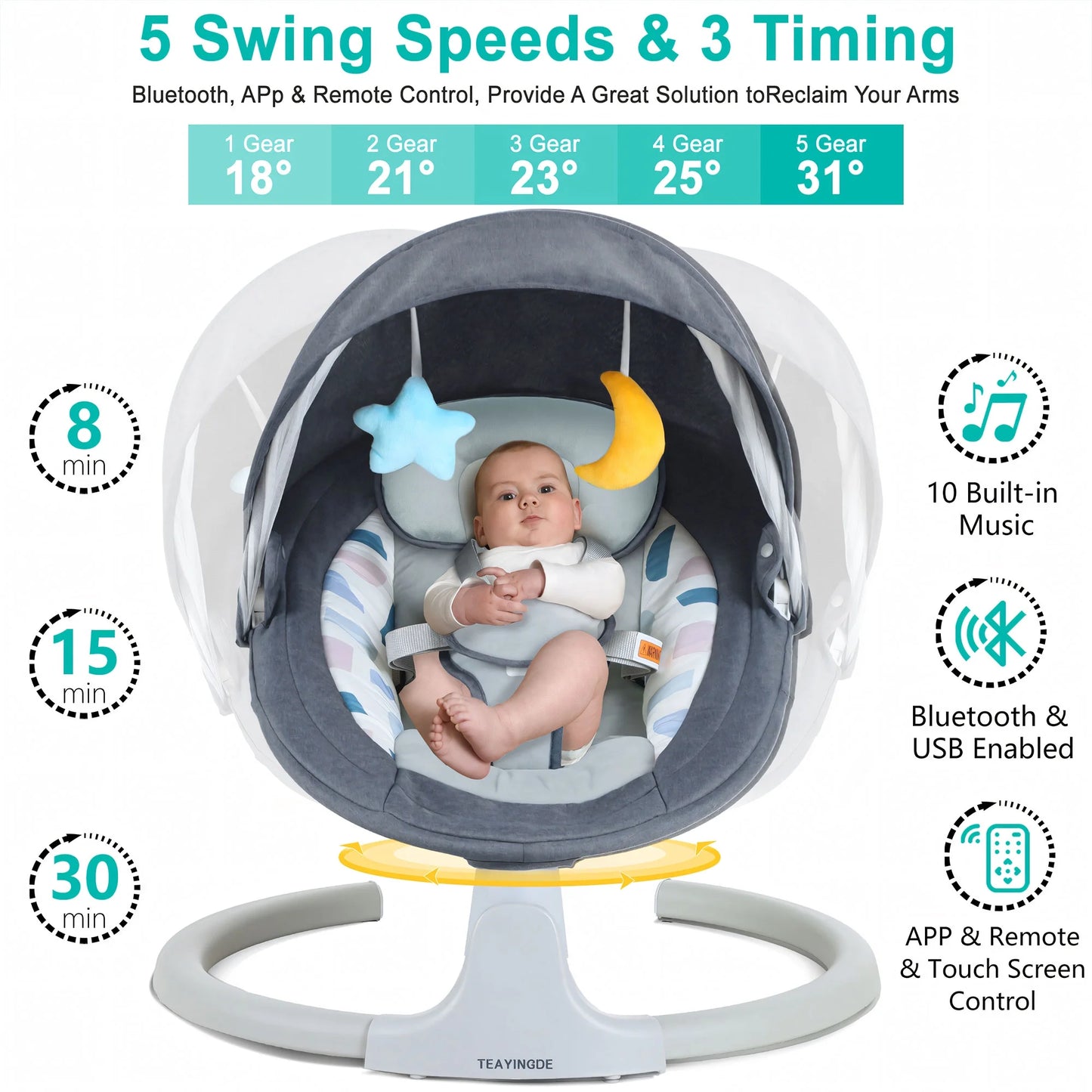 TEAYINGDE Baby Swing for Infants - APP Remote Bluetooth Control, 5 Speed Settings, 10 Lullabies, USB Plug (Blue)