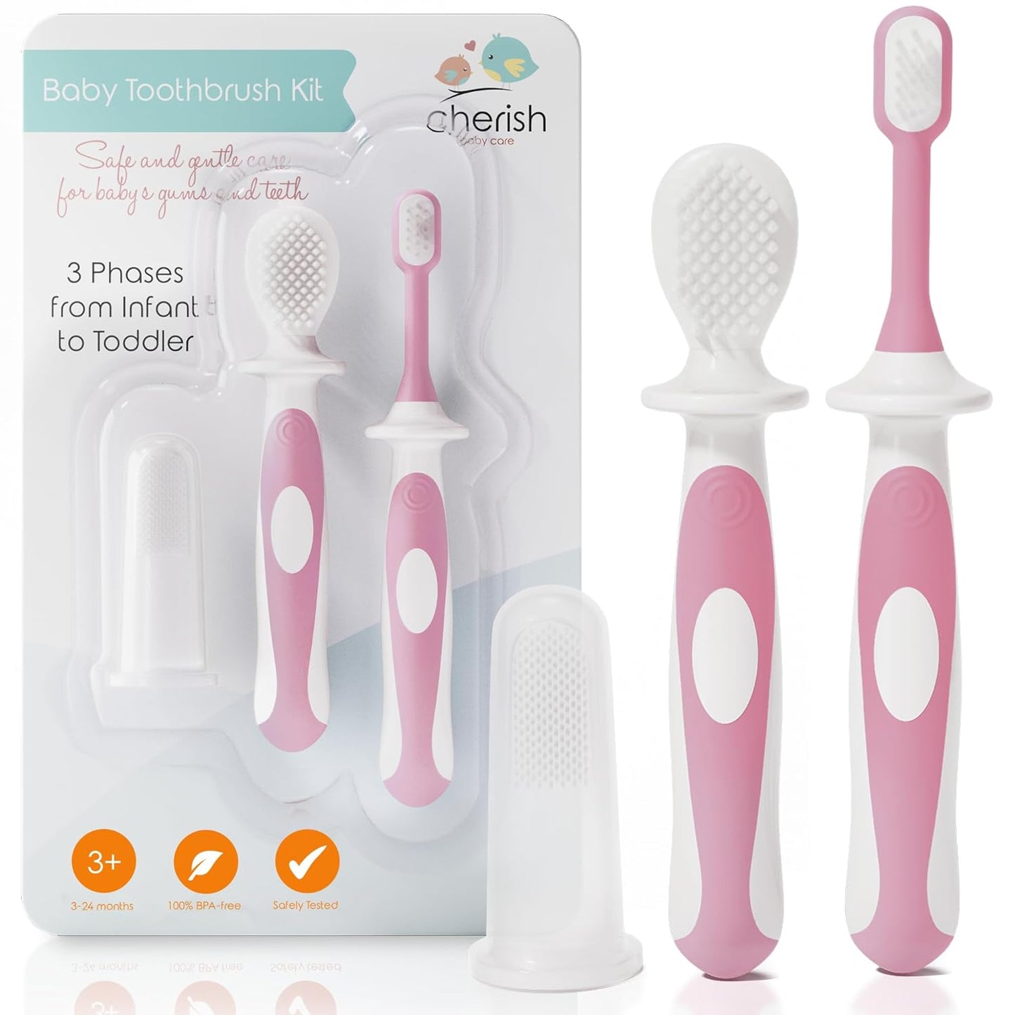 Cherish Baby Care Award-Winning Baby Toothbrush Set (3-24 Months) - 3-Pack Baby Finger Toothbrush, Training Toothbrush & Toddler Toothbrush - Bpa-Free Baby First Toothbrush Set (Purple)