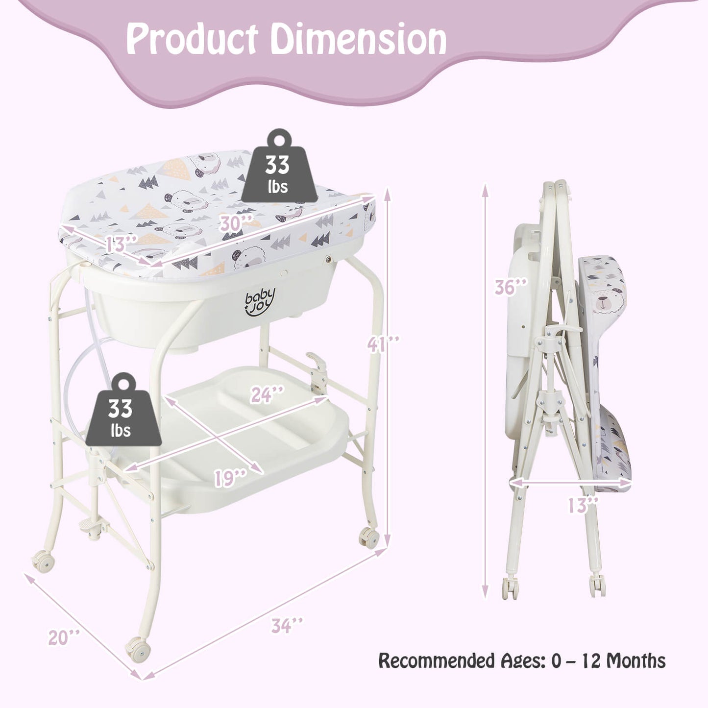 Infans Baby Changing Table W/Bathtub, Folding & Portable Diaper Station W/Wheels White