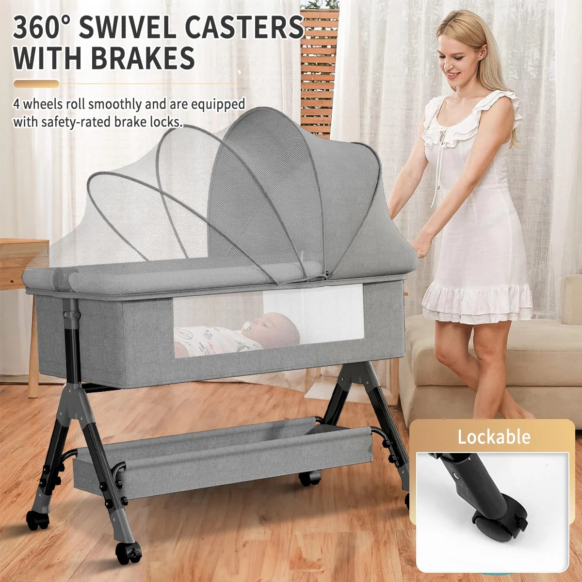 Baby Bassinet for Infant,Adjustable Bedside Sleeper Bassinet with Storage Basket,Bed Side Crib for 0-2 Months, Gray