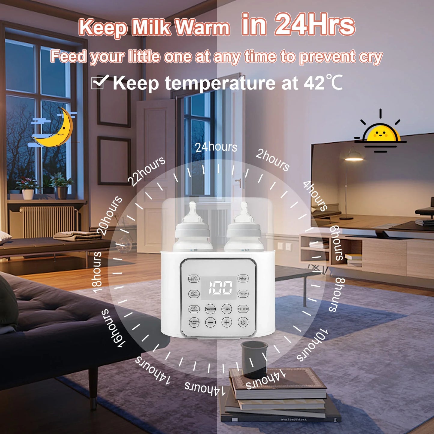 Baby Bottle Warmer, 9 in 1 Double Bottles Milk Warmer for Baby, Fast Food Heater & Defrost Warmer with Timer, LCD Display, Timer & 24H Temperature Control for Breastmilk & Formula