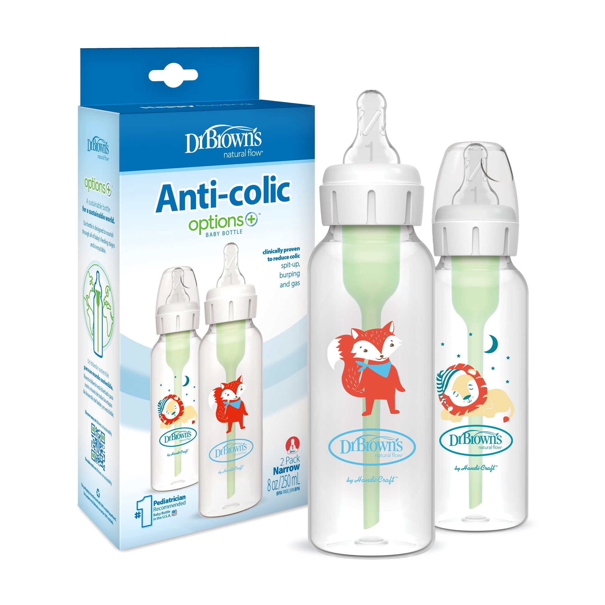 Dr. Brown'S Natural Flow Anti-Colic Options+ Narrow Baby Bottle, Fox & Lion, 8 Oz/250 Ml, with Level 1 Slow Flow Nipple, BPA Free, 0M+, 2-Pack