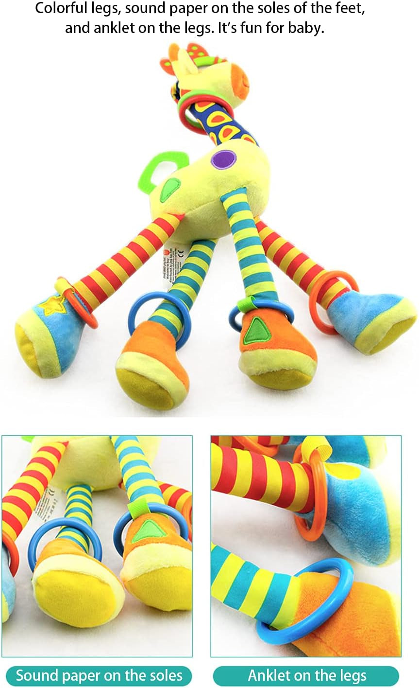 Baby Toy 0-6 Months, Baby Car Seat Stroller Toy Teething Toy, Soft Giraffe Hanging Toy with Sound and Teether for 0-3 Years Old (Blue and Yellow)