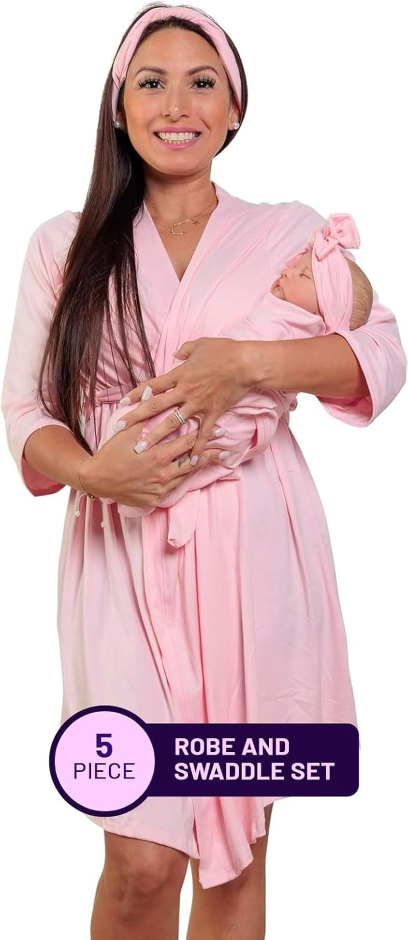 MOMMY O CLOCK Maternity Robe and Baby Swaddle Blanket, Milk Silk Matching Delivery Robe and Swaddling Wrap for Mom and Baby