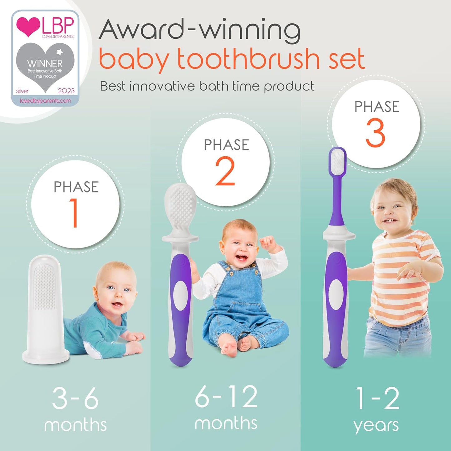 Cherish Baby Care Award-Winning Baby Toothbrush Set (3-24 Months) - 3-Pack Baby Finger Toothbrush, Training Toothbrush & Toddler Toothbrush - Bpa-Free Baby First Toothbrush Set (Purple)