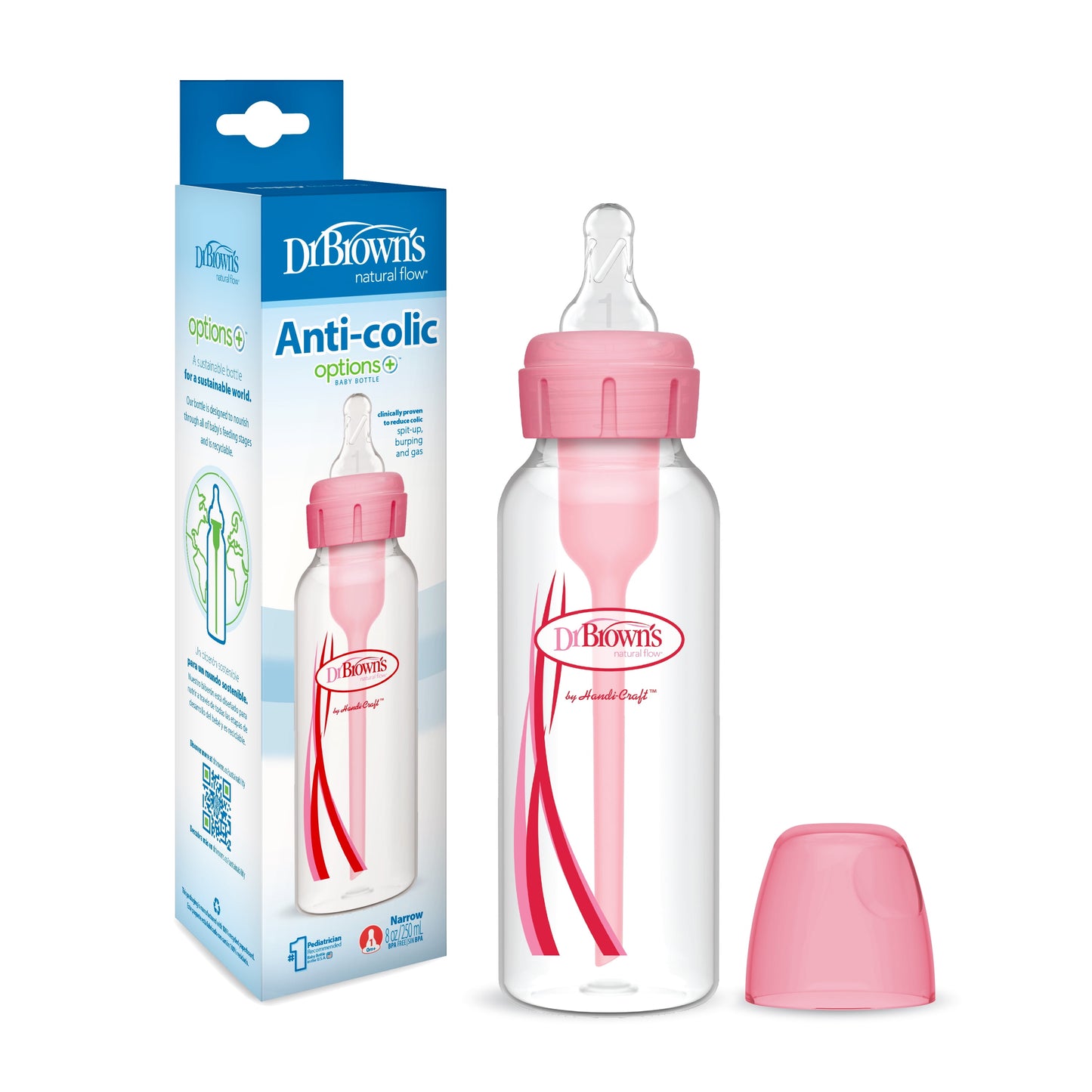 Dr. Brown'S Natural Flow Anti-Colic Options+ Narrow Baby Bottle, 8Oz/250Ml, with Level 1 Slow Flow Nipple, 1-Pack, Pink, 0M+