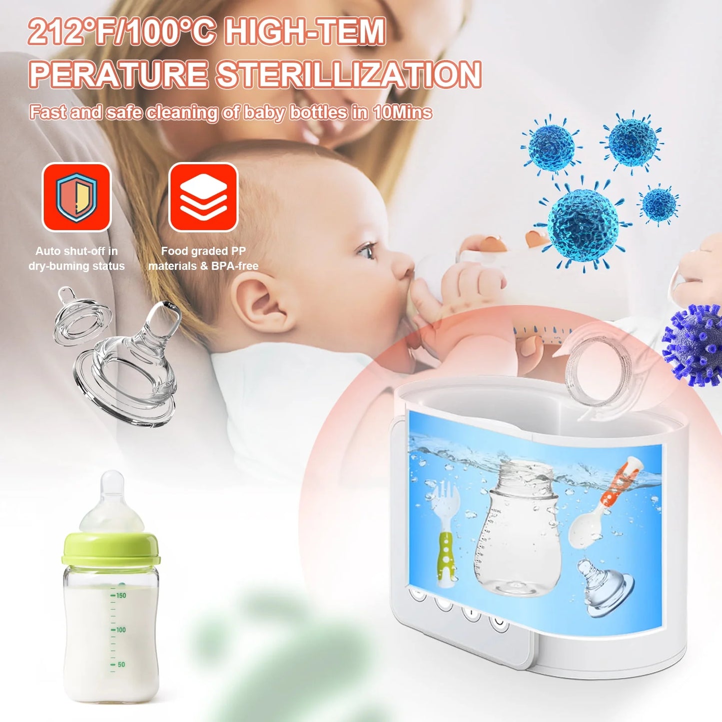 Baby Bottle Warmer, 9 in 1 Double Bottles Milk Warmer for Baby, Fast Food Heater & Defrost Warmer with Timer, LCD Display, Timer & 24H Temperature Control for Breastmilk & Formula