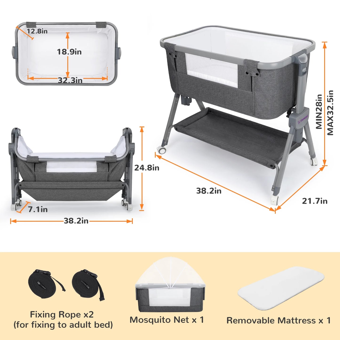 Vomeast Baby Bassinet, Bedside Sleeper, Easy Fold Portable Crib, All Mesh - Grey