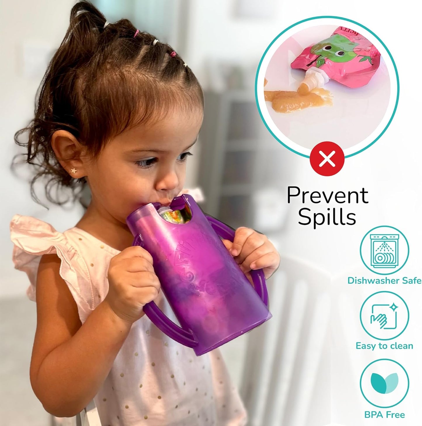 Squeeze Proof Food Pouch Holder for Toddlers, Babies, Kids, Mess Free No Squeeze Juice Box Drink and Applesauce Snack Holder with Easy Grip Handles and Lid