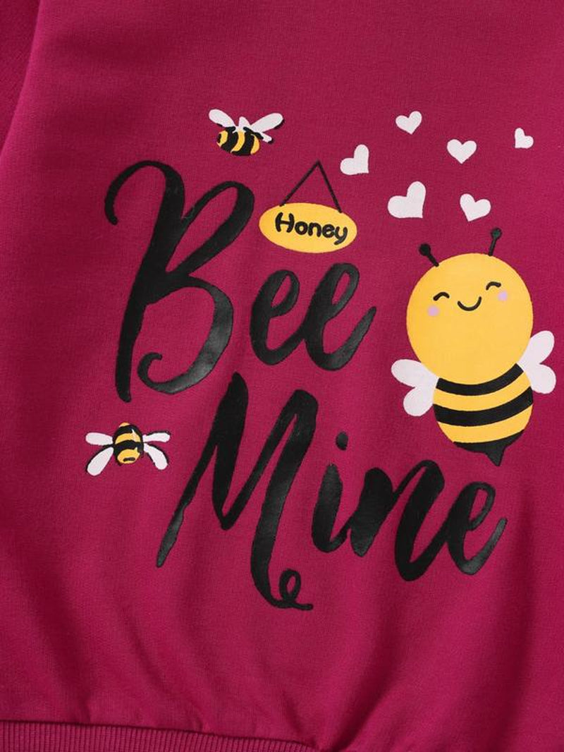 Toddler Girl'S Cartoon Bee & Letter Print round Neck Sweatshirt, Casual Long Sleeve Crew Neck Pullover for Spring & Fall, Kid'S Clothes for Daily Wear