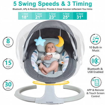 TEAYINGDE Baby Swing for Infants - APP Remote Bluetooth Control, 5 Speed Settings, 10 Lullabies, USB Plug (Gray)