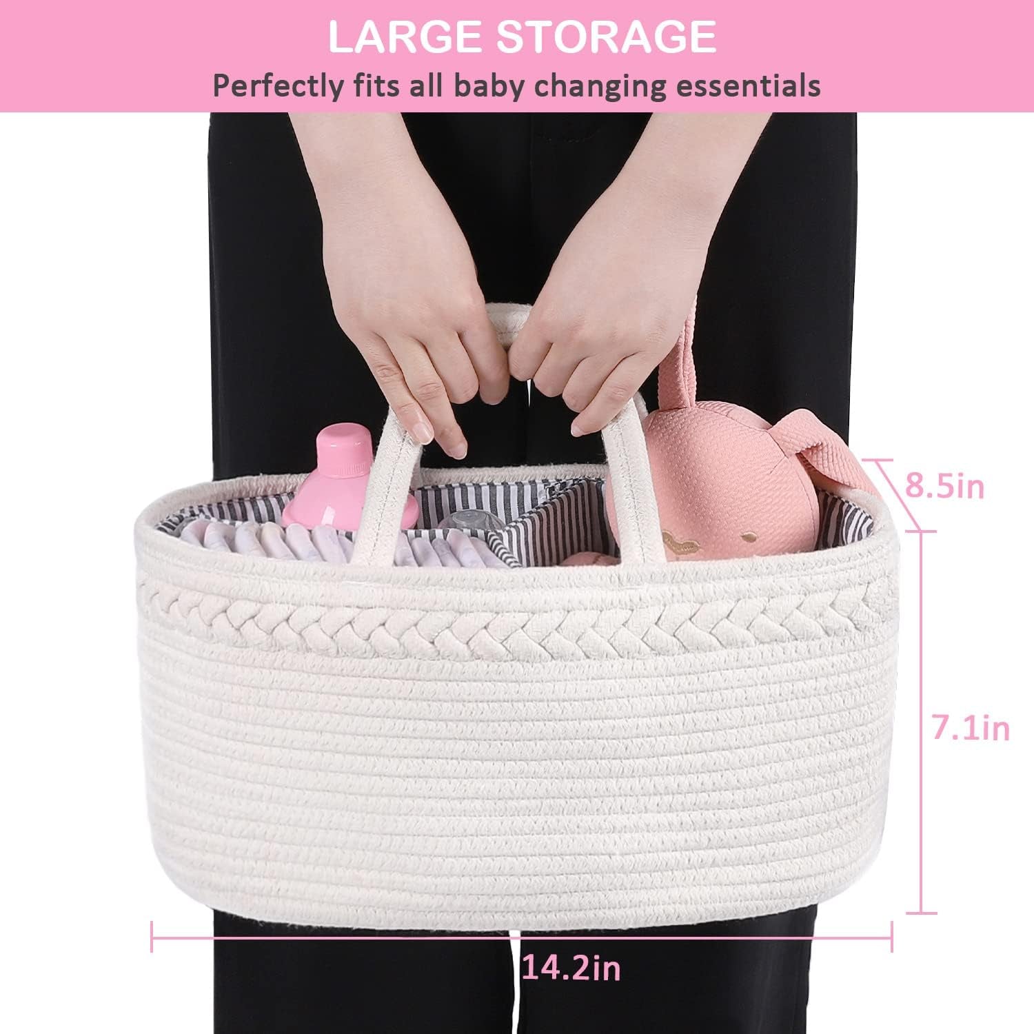 Abenkle Baby Diaper Caddy, Nursery Storage Bin and Car Organizer for Diapers Wipes, Cotton Rope Basket Changing Table Caddy