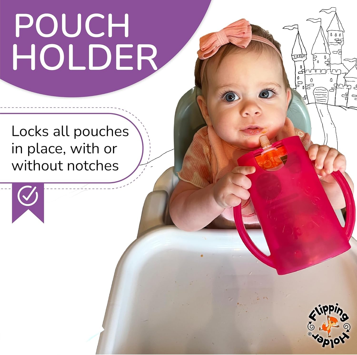 Squeeze Proof Food Pouch Holder for Toddlers, Babies, Kids, Mess Free No Squeeze Juice Box Drink and Applesauce Snack Holder with Easy Grip Handles and Lid