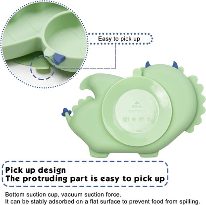 Linowos Silicone Suction Plate for Toddlers - Self Feeding Training Divided Plate Dish and Bowl for Baby and Toddler, Fits for Most Highchairs Trays (Green)