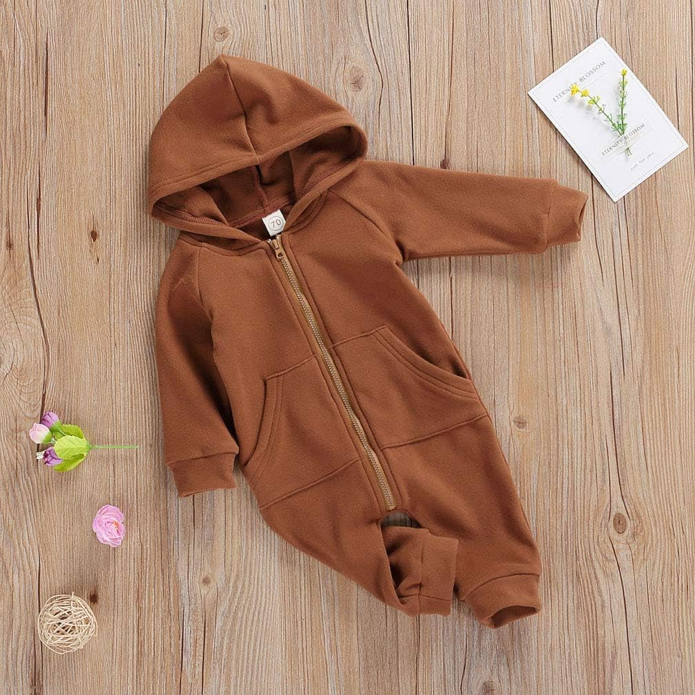 Infant Baby Boys Girls Zipper Warm Hooded Romper Jumpsuit Solid Long Sleeve Bodysuit Outfit Fall Winter Clothes