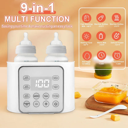 Baby Bottle Warmer, 9 in 1 Double Bottles Milk Warmer for Baby, Fast Food Heater & Defrost Warmer with Timer, LCD Display, Timer & 24H Temperature Control for Breastmilk & Formula