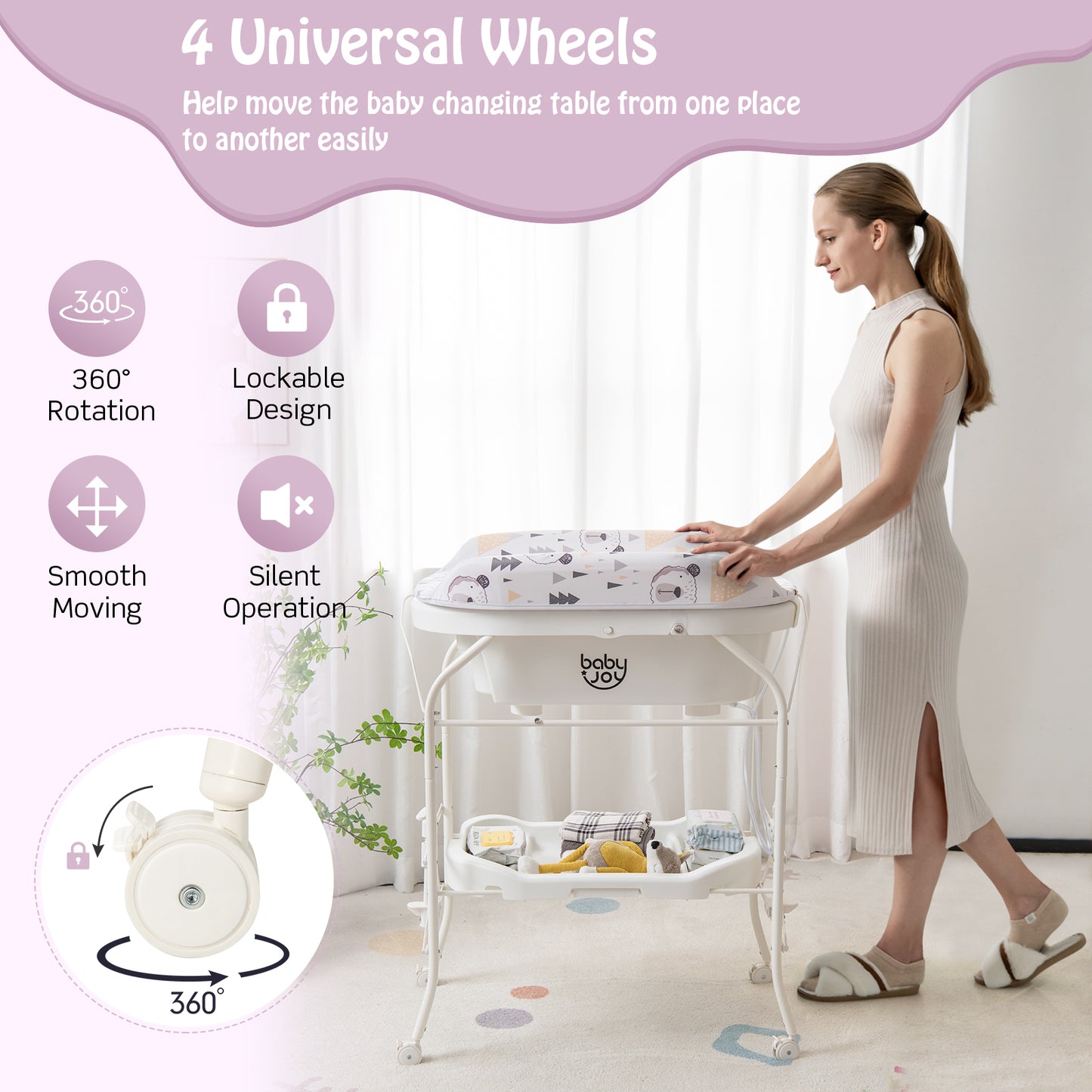 Infans Baby Changing Table W/Bathtub, Folding & Portable Diaper Station W/Wheels White