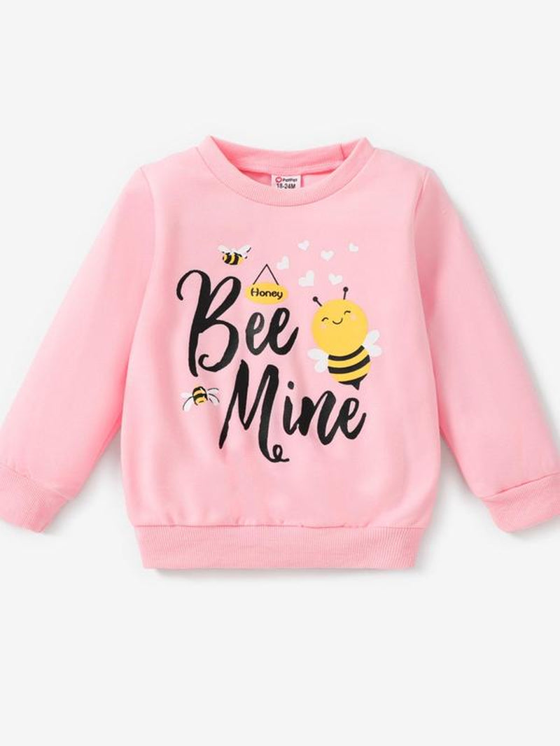 Toddler Girl'S Cartoon Bee & Letter Print round Neck Sweatshirt, Casual Long Sleeve Crew Neck Pullover for Spring & Fall, Kid'S Clothes for Daily Wear