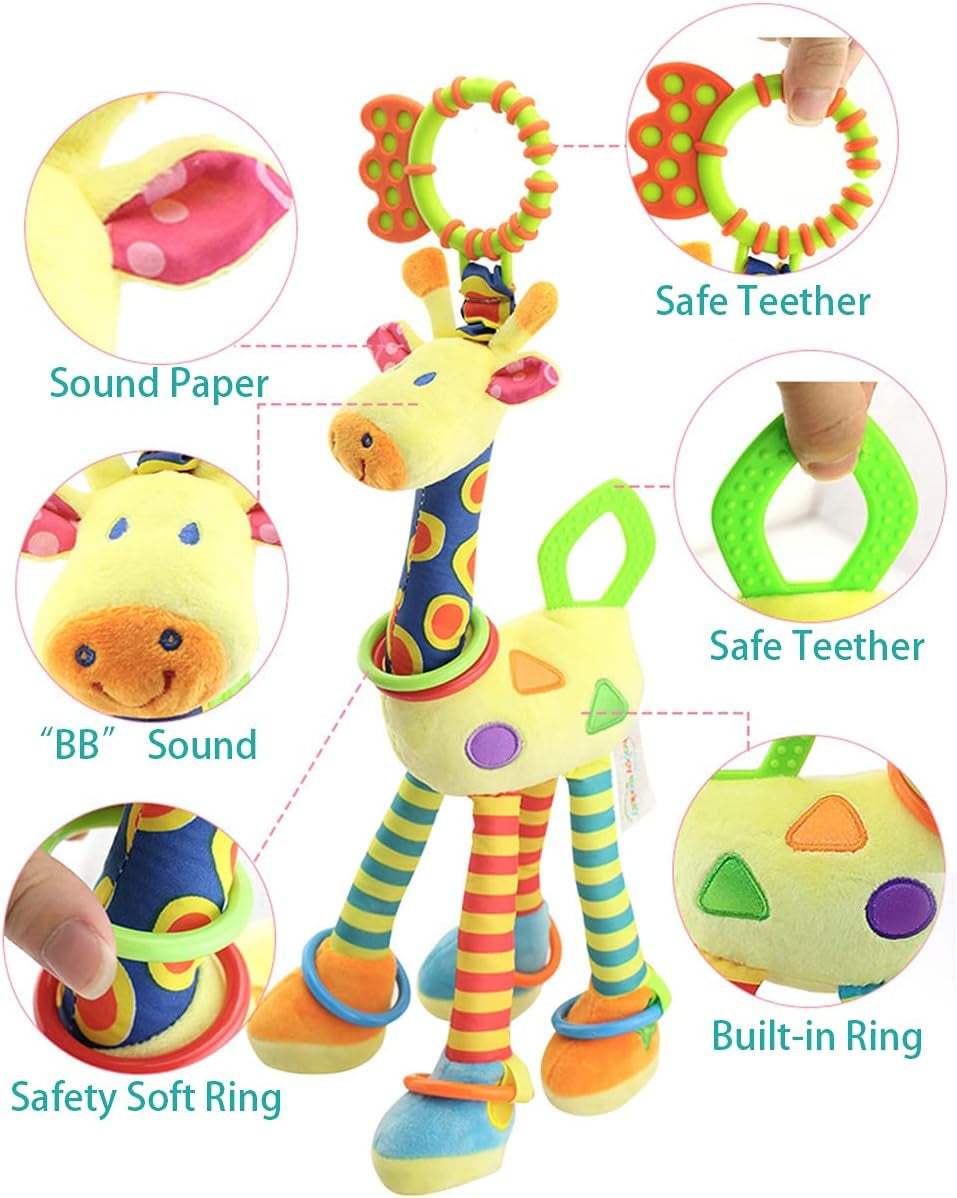 Baby Toy 0-6 Months, Baby Car Seat Stroller Toy Teething Toy, Soft Giraffe Hanging Toy with Sound and Teether for 0-3 Years Old (Blue and Yellow)