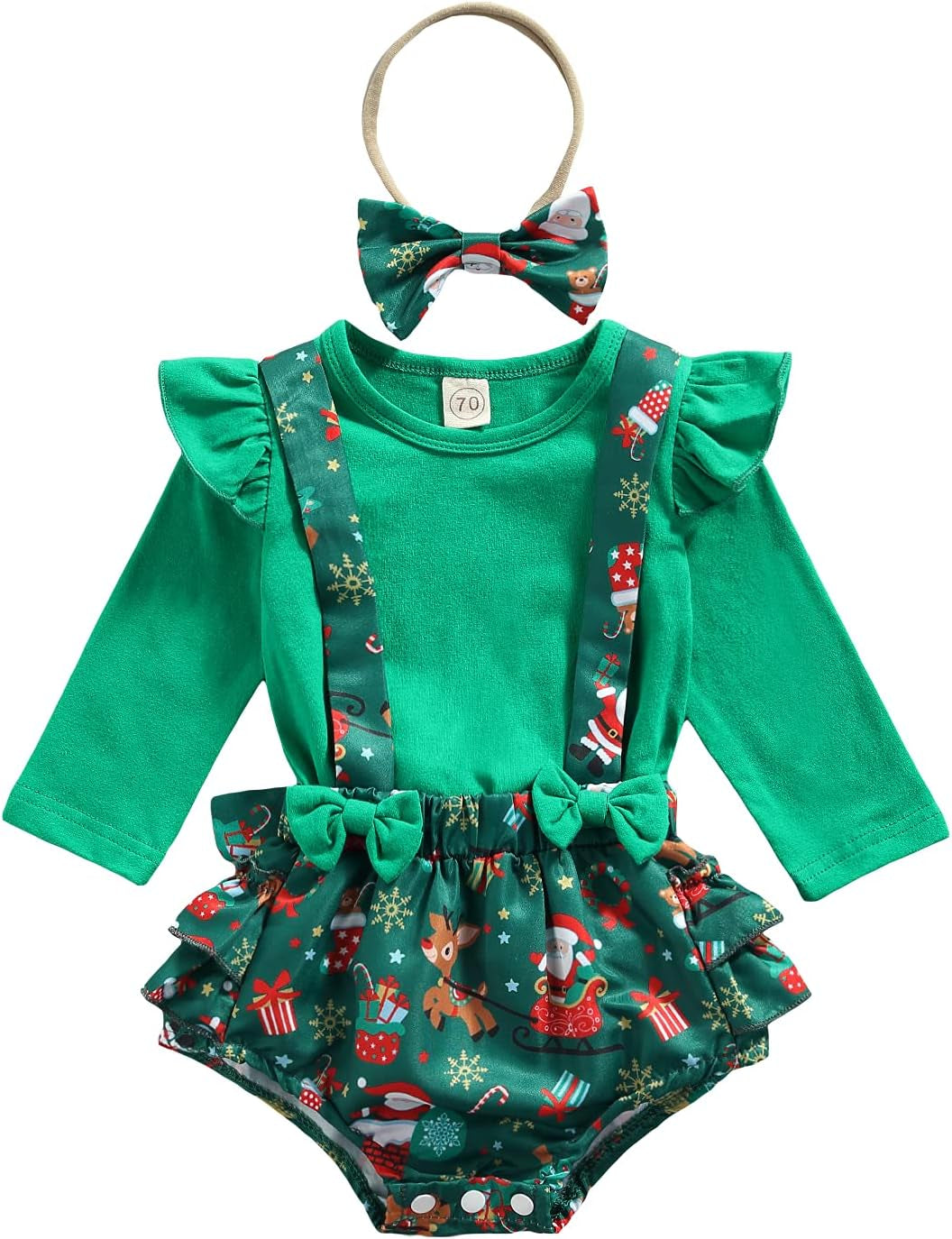 Douhoow Newborn Baby Girl Plaid Christmas Outfit Set Long Sleeve T-Shirt Top Checked Suspender Shorts Clothes Headband 3PCS