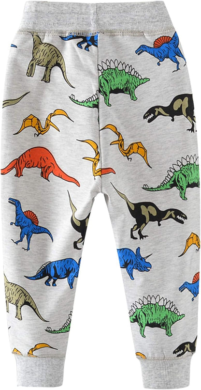 HUAER& Boys Cartoon Print Dinosaur Monkey Pattern Cotton Pants Drawstring Elastic Sweatpants