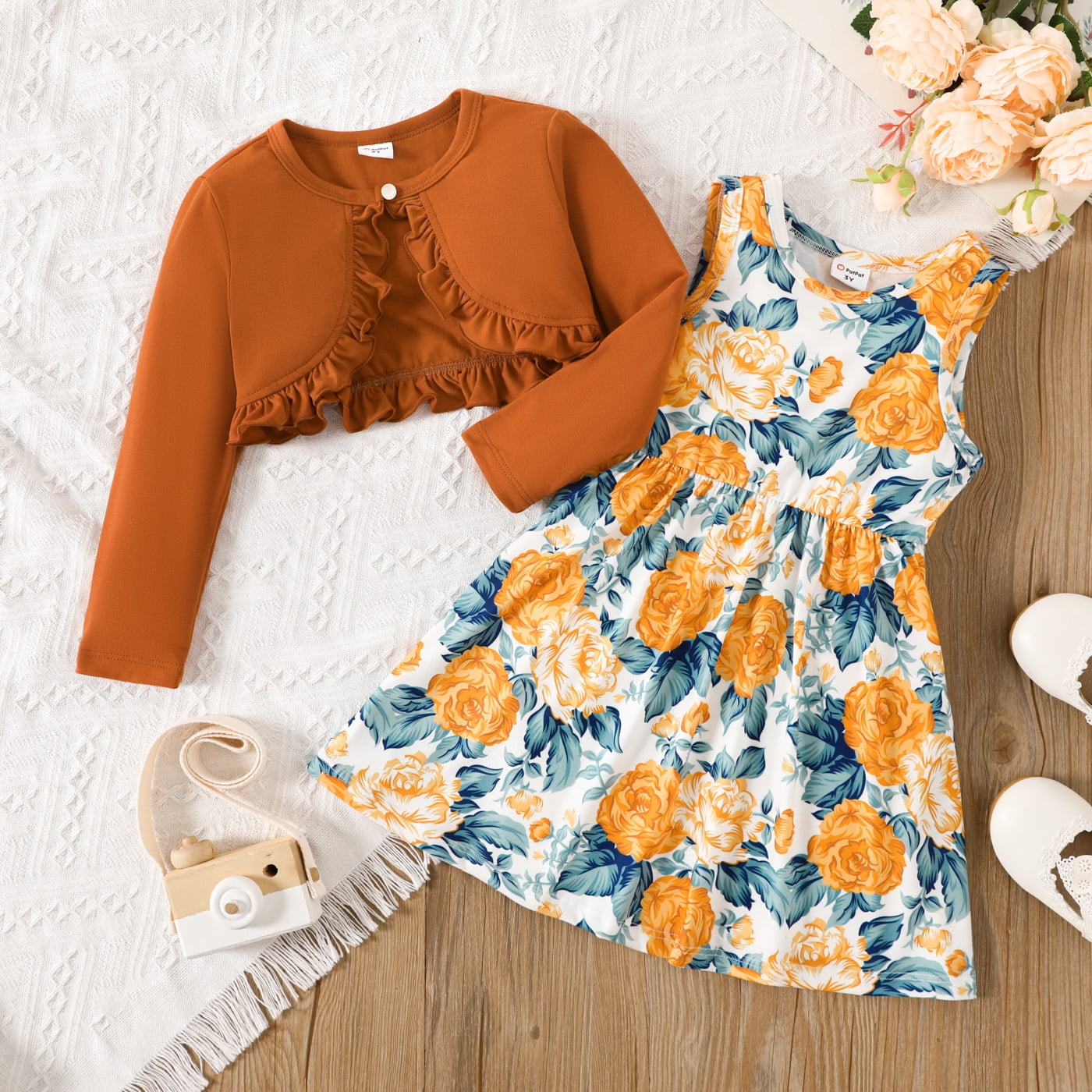 Patpat Floral Girl Dress Toddler Girl Clothes 2Pcs Kid Sleeveless Dress and Long Sleeve Ruffled Cardigan Outfits Set, Yellow Brown, 3 Years