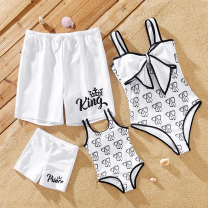 Family Matching Letter Printed Drawstring Swim Trunks or Bow Pattern Strap Swimsuit 581121