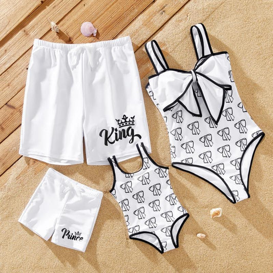 Family Matching Letter Printed Drawstring Swim Trunks or Bow Pattern Strap Swimsuit 581121