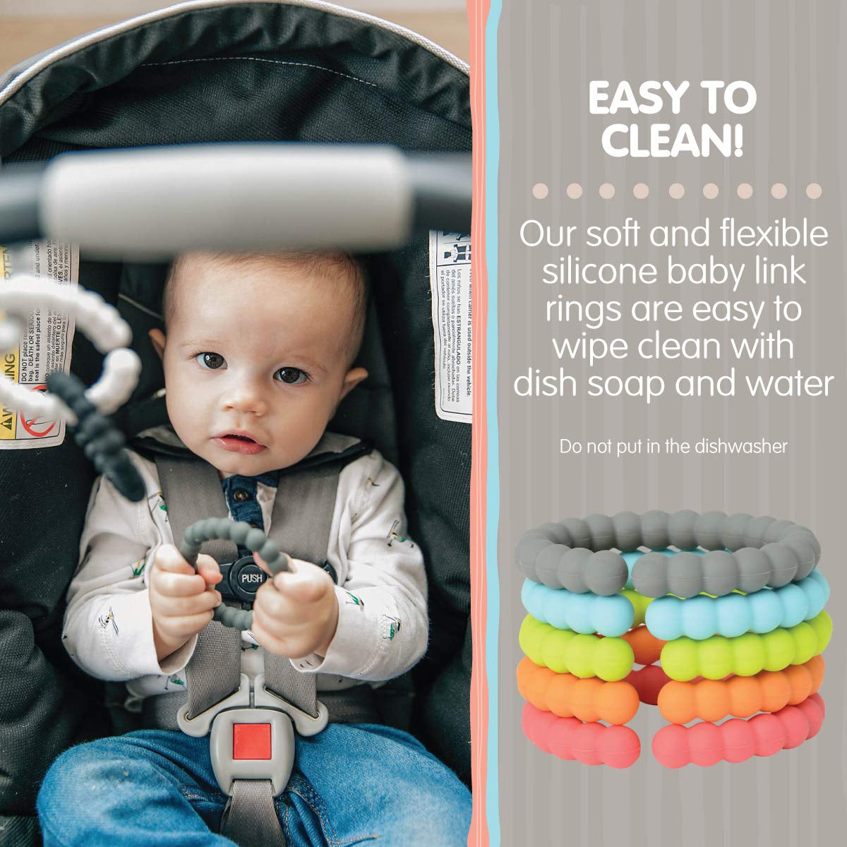 Chewbeads - Silicone Baby Links, Multi Use Baby Toy Rings - Attach Toys & Teethers to Stroller, Car Seat & More - Medical Grade Silicone, BPA Free & Phthalate Free - Includes 5 Colorful Baby Rings