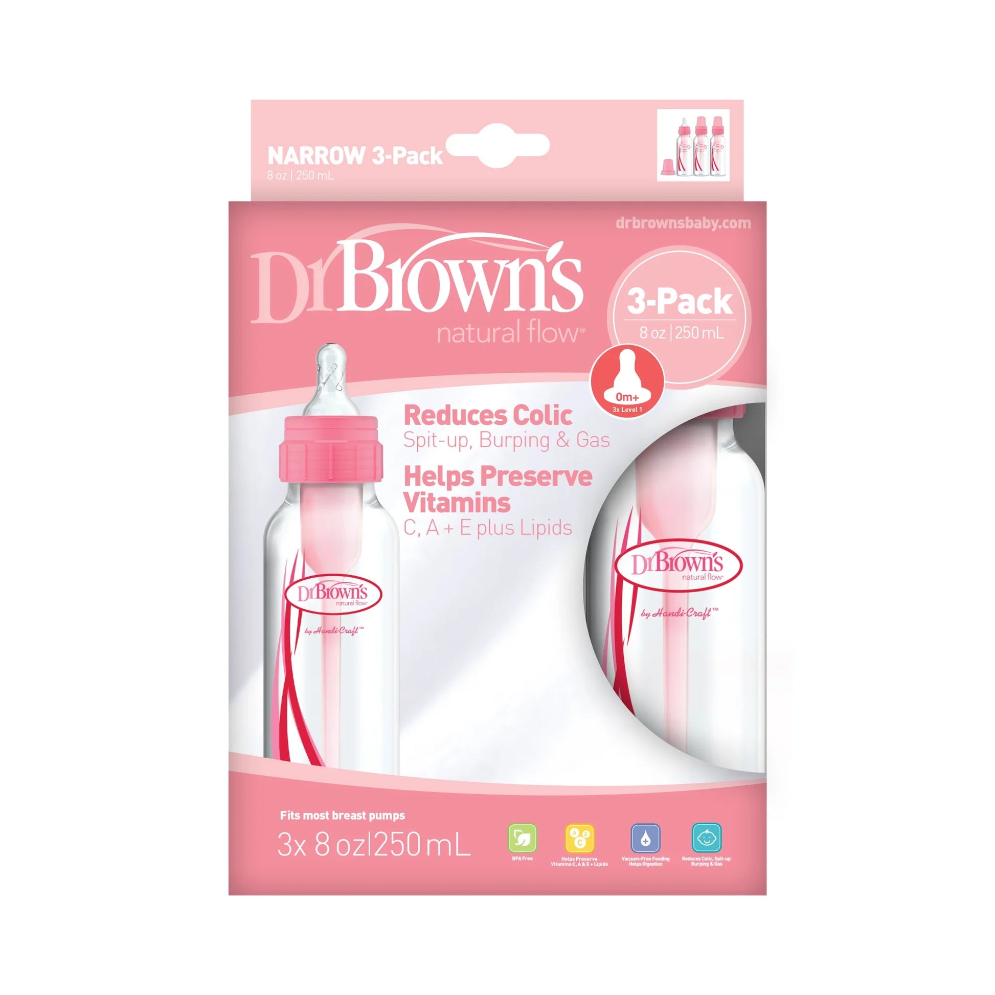 Dr. Brown'S Natural Flow Anti-Colic Baby Bottles -Pink - 8Oz - 3-Pack