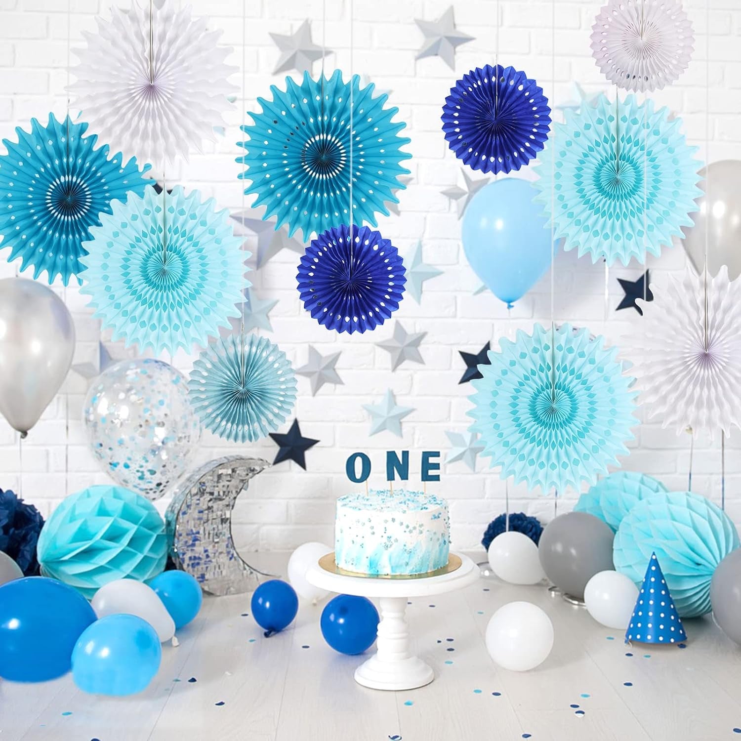 SUNBEAUTY Pack of 13 Blue White Hanging Honeycomb Paper Fans Party Decoration Kit for Baby Boy Shower 1St Birthday Navy Ocean Wedding under the Sea Theme Photo Booth Backdrops Paper Party Supplies