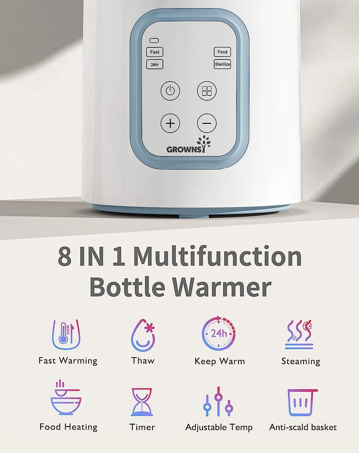 Grownsy Bottle Warmer with Timer for Breastmilk or Formula, Accurate Temperature Control, Fits for All Bottles-Blue